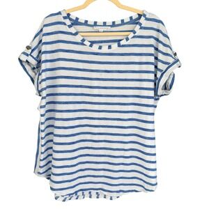 A3 Jane + Delancey Striped‎ Cotton Top Women's Blue White Roll Tab Sleeve